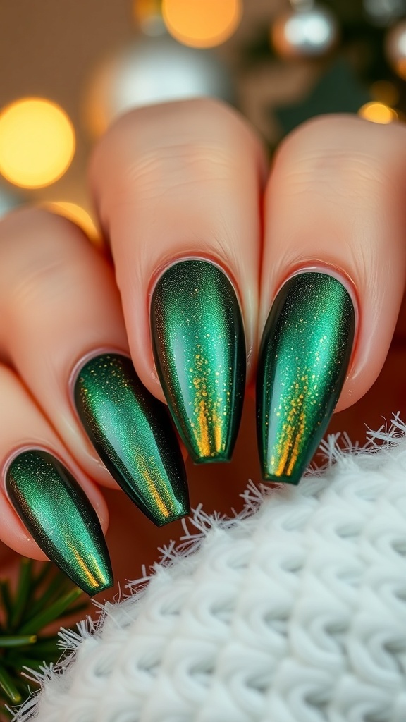 Elegant cat eye Christmas nails in green and gold with a magnetic effect, set against a festive background.